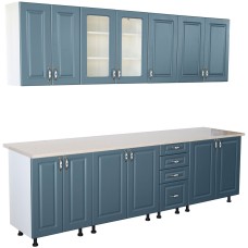 Bucatarie Zebra 260 cm din MDF Albastru cu blat termoizolant marmura travertin